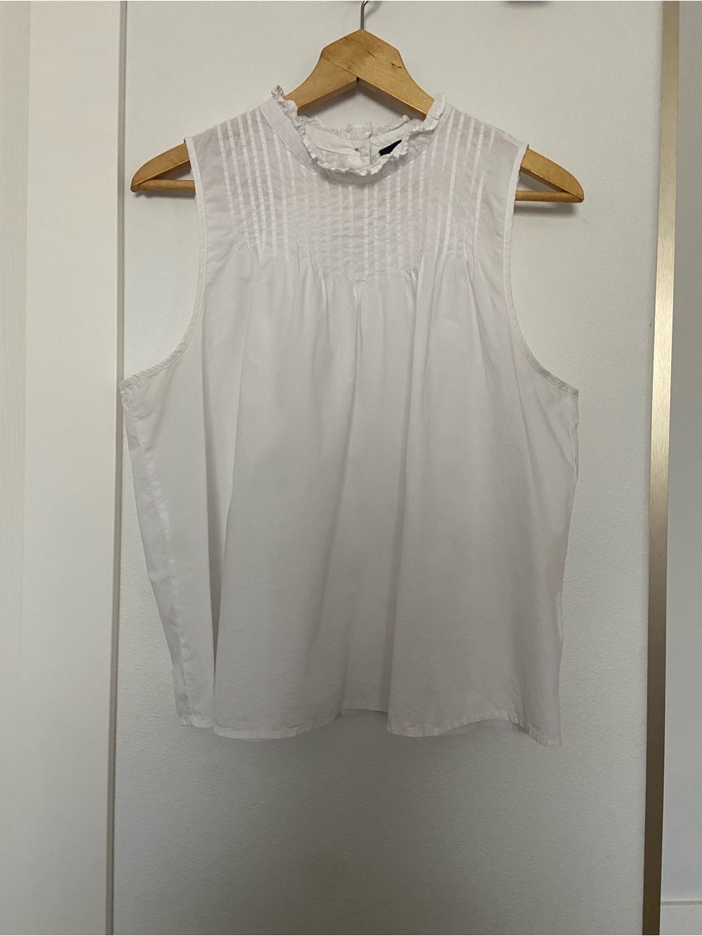J. Crew White Sleeveless Pintuck Ruffle Mock Neck Top